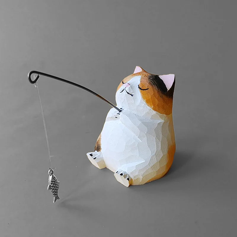 Cute Cartoon Desk Decoration Handmade Wood Cat Fishing Figurine Hand Carved Wooden Craft Adorable Animal Sculpture Creative Gift
