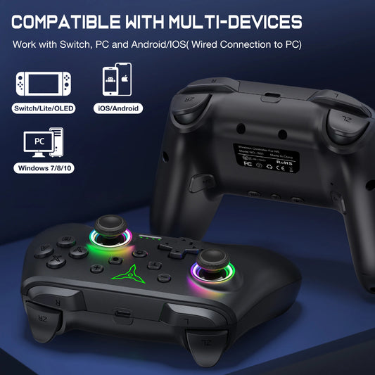 Dinofire Wireless RGB Gaming Controller for Switch, PC & Mobile