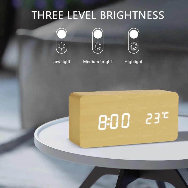 LED Digital Alarm Clock – Wood Finish, Voice Control, USB/Battery