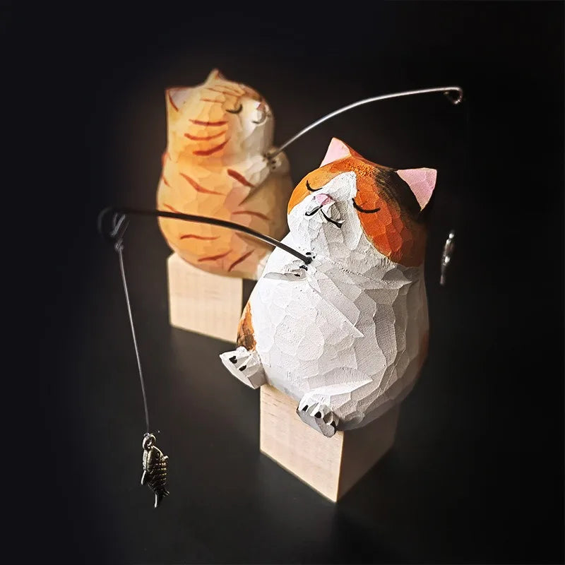Cute Cartoon Desk Decoration Handmade Wood Cat Fishing Figurine Hand Carved Wooden Craft Adorable Animal Sculpture Creative Gift