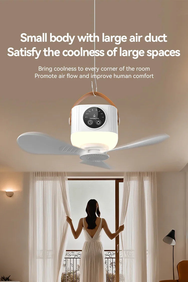 Portable Rechargeable Ceiling Fan – 4 Speeds, LED Light, Remote