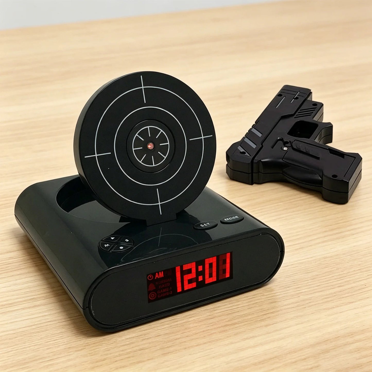 Target Shooting Alarm Clock – LED Display, 2 Alarm Modes, Infrared Gun