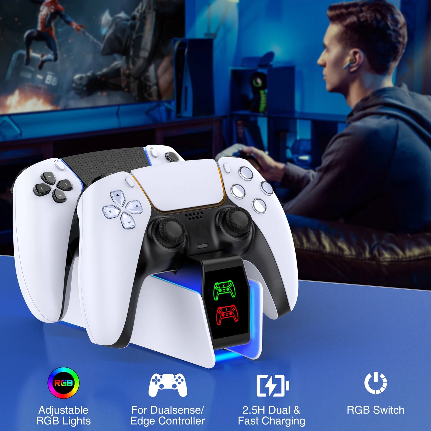 RGB PS5 Dual Controller Charging Station with LED Charging Indicators