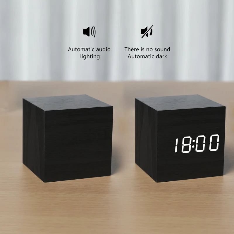 LED Digital Alarm Clock – Wood Finish, Voice Control, USB/Battery