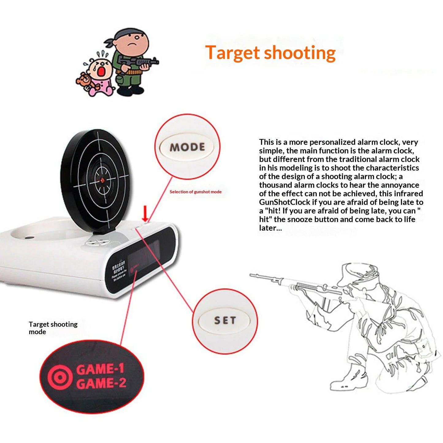 Target Shooting Alarm Clock – LED Display, 2 Alarm Modes, Infrared Gun
