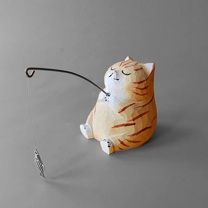 Cute Cartoon Desk Decoration Handmade Wood Cat Fishing Figurine Hand Carved Wooden Craft Adorable Animal Sculpture Creative Gift
