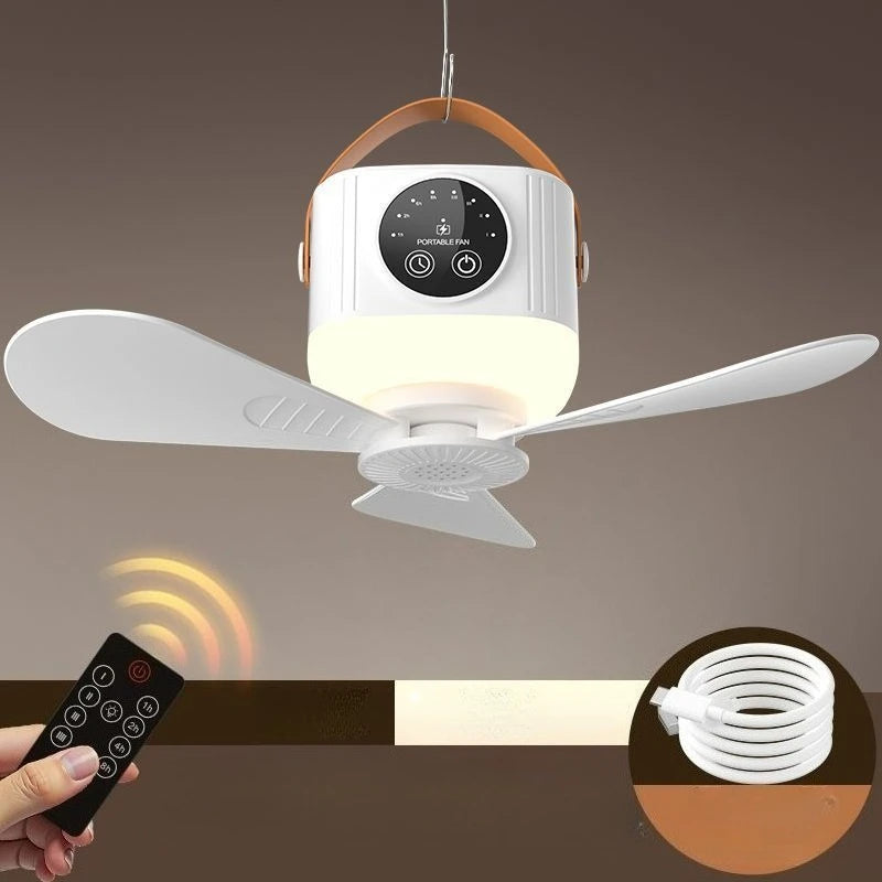 Portable Rechargeable Ceiling Fan – 4 Speeds, LED Light, Remote