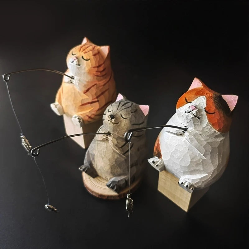 Cute Cartoon Desk Decoration Handmade Wood Cat Fishing Figurine Hand Carved Wooden Craft Adorable Animal Sculpture Creative Gift