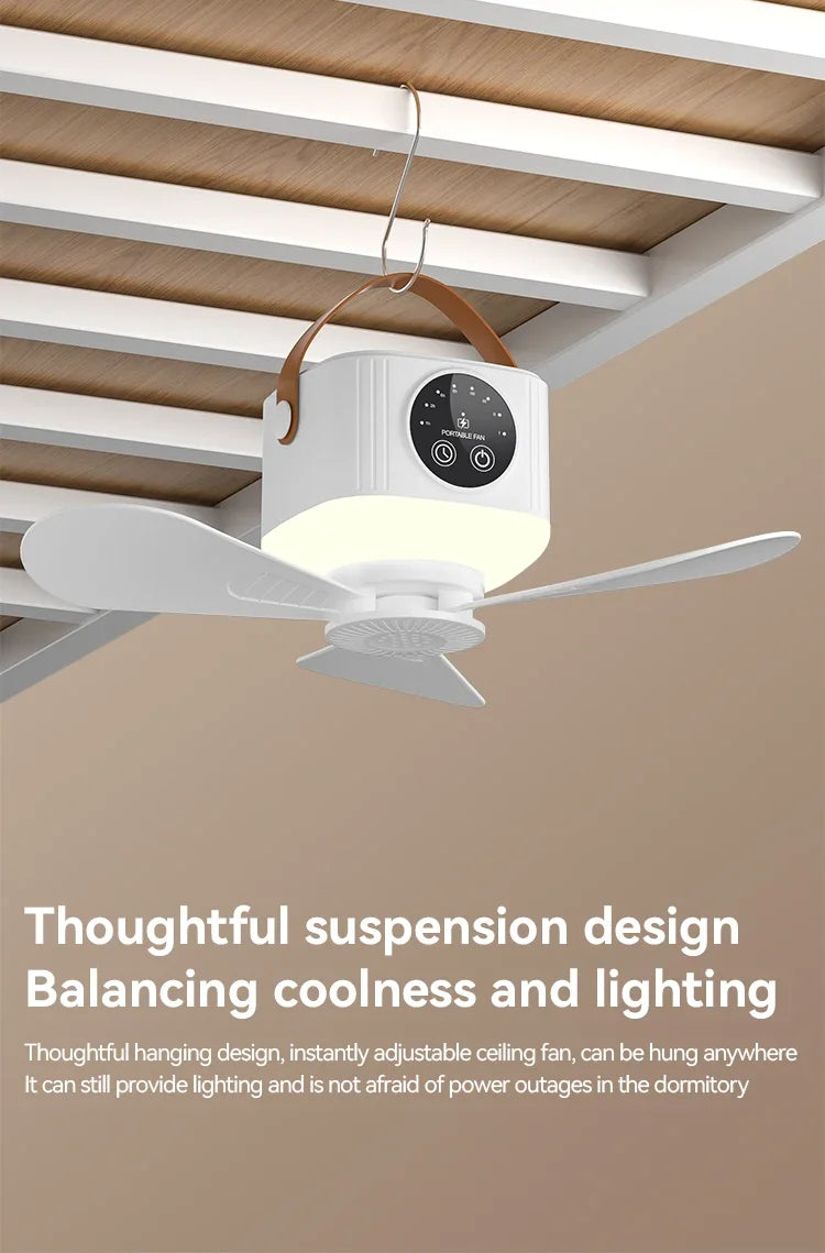 Portable Rechargeable Ceiling Fan – 4 Speeds, LED Light, Remote