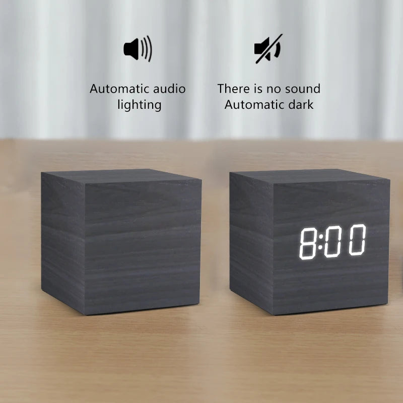 LED Digital Alarm Clock – Wood Finish, Voice Control, USB/Battery