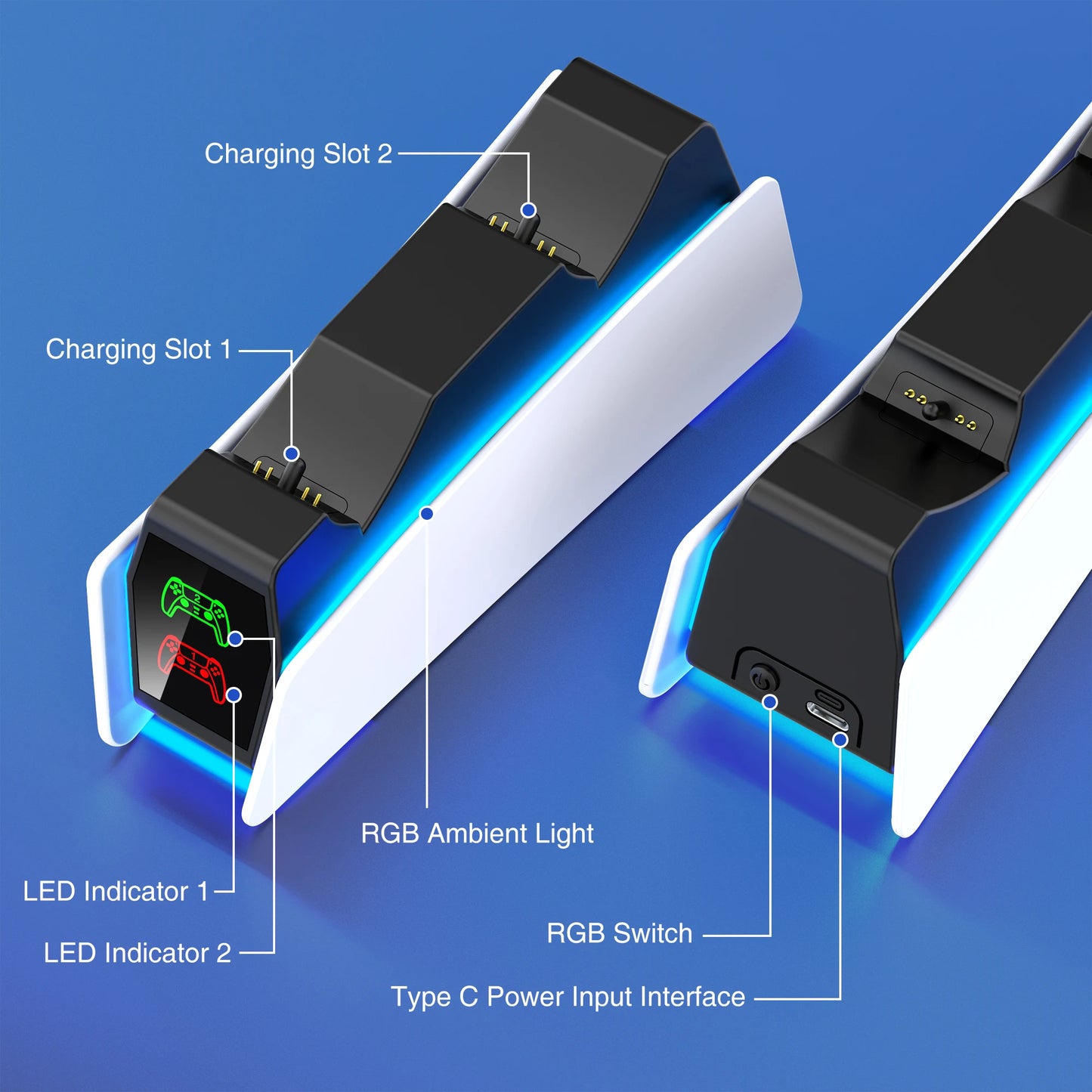 RGB PS5 Dual Controller Charging Station with LED Charging Indicators