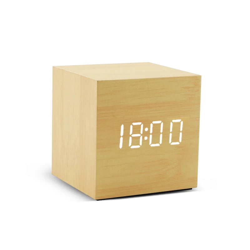 LED Digital Alarm Clock – Wood Finish, Voice Control, USB/Battery