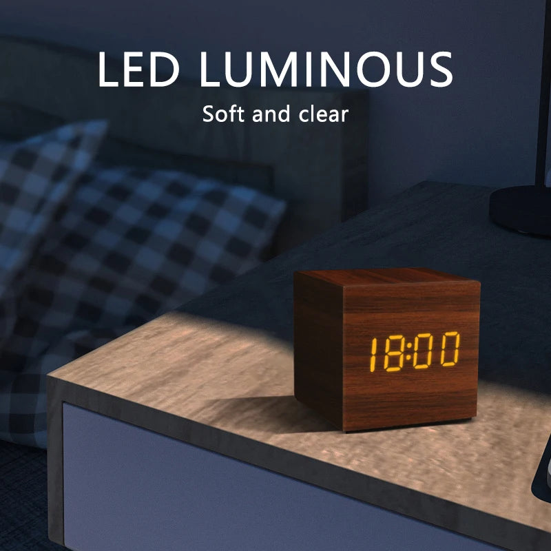 LED Digital Alarm Clock – Wood Finish, Voice Control, USB/Battery