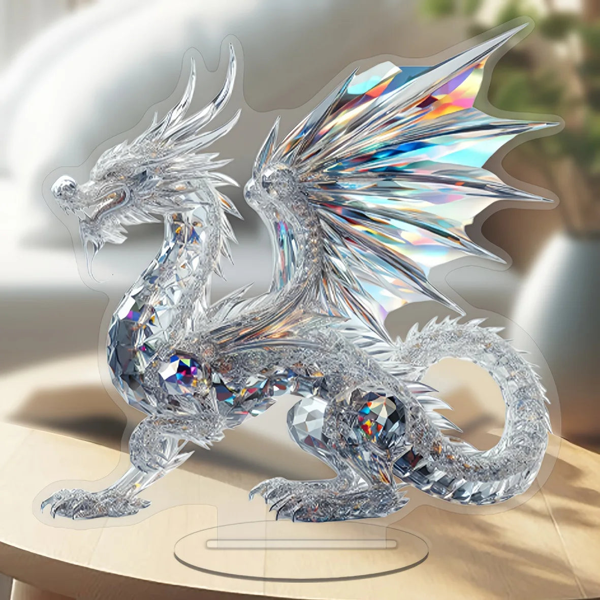 Acrylic White Crystal Dragon Statue 2D Flat Cool Figurine Home Office Cafe Room Studio Display Case Table Ornament Decor Gift