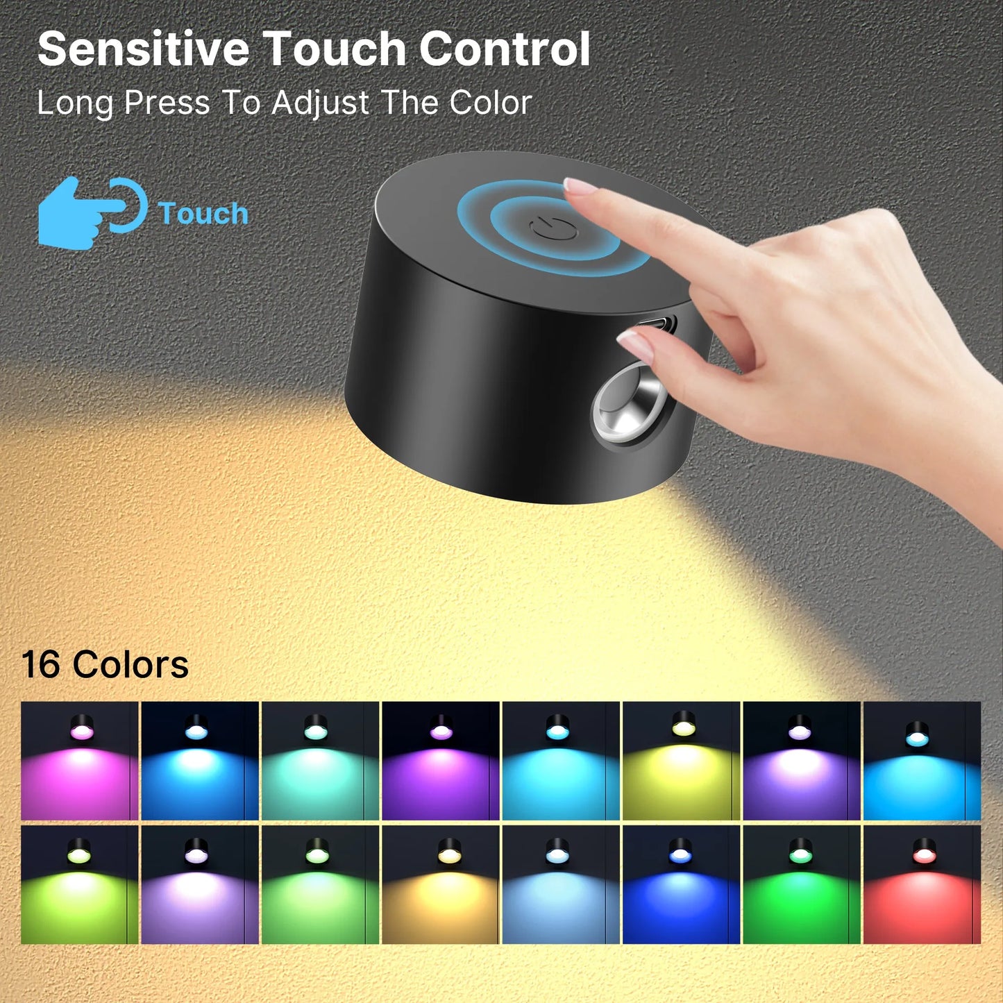 RGB LED Wall Sconce – Battery/USB, Touch Control, 360° Rotation