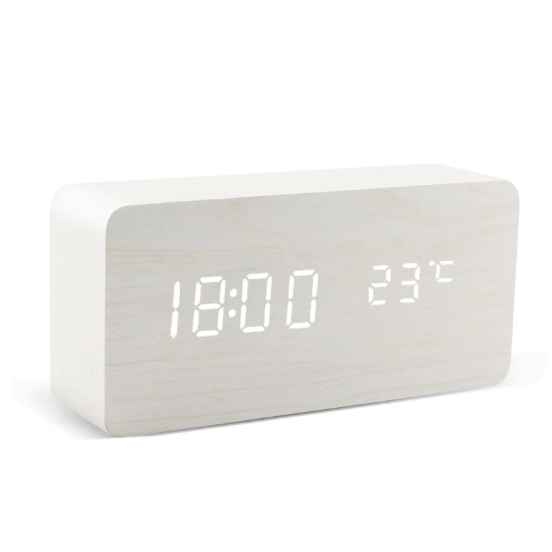 LED Digital Alarm Clock – Wood Finish, Voice Control, USB/Battery
