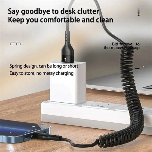66W Fast Charging Retractable USB-C Cable – 5A Coiled Type-C Charger Cord