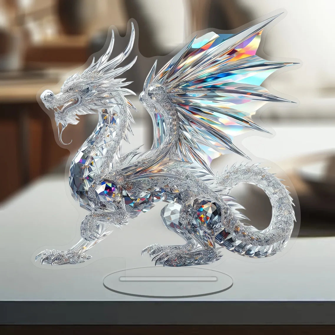 Acrylic White Crystal Dragon Statue 2D Flat Cool Figurine Home Office Cafe Room Studio Display Case Table Ornament Decor Gift
