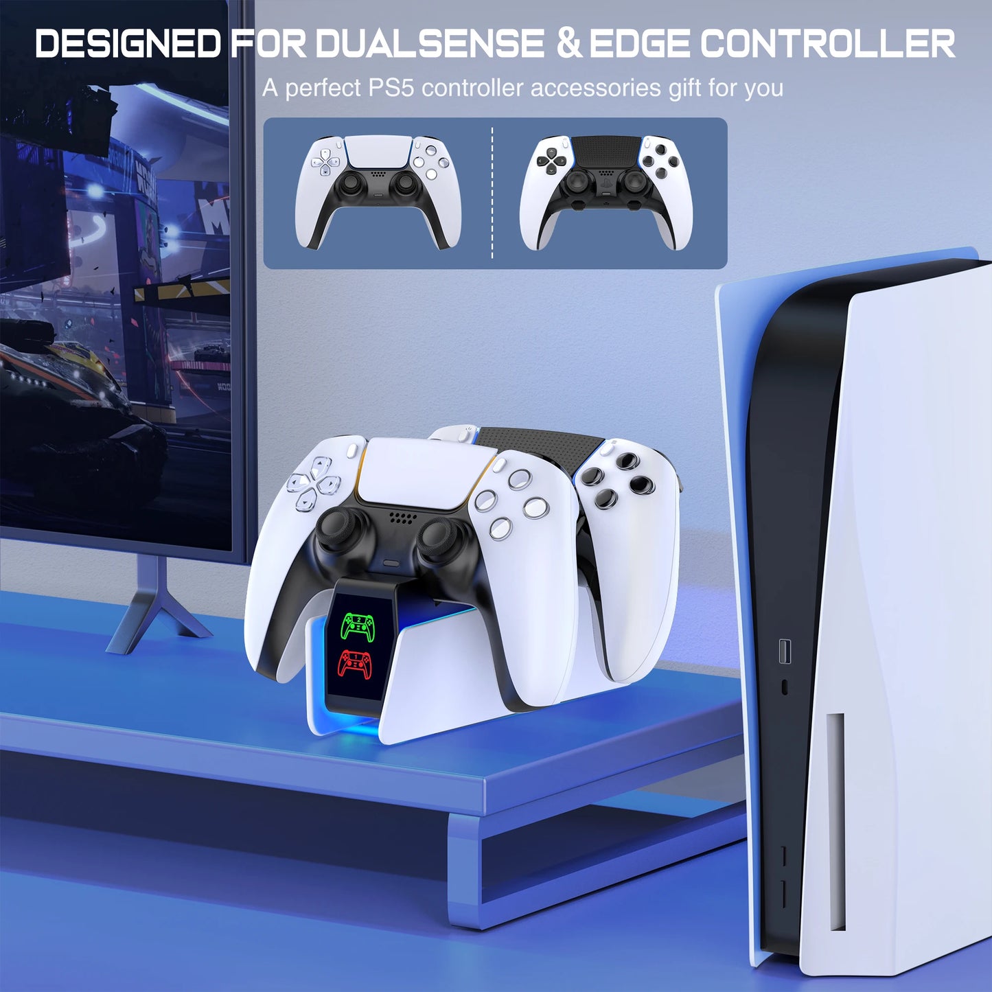 RGB PS5 Dual Controller Charging Station with LED Charging Indicators