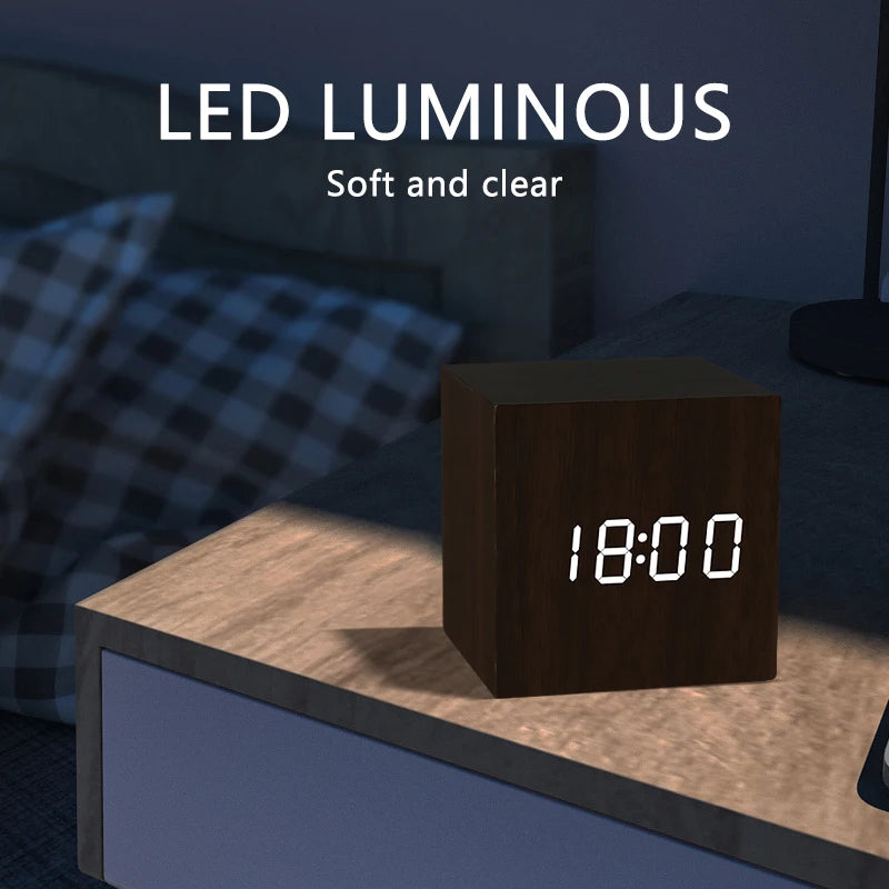 LED Digital Alarm Clock – Wood Finish, Voice Control, USB/Battery