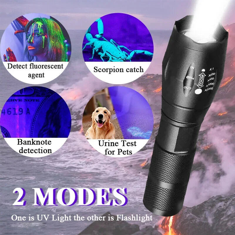 UV Flashlight Purple White Dual Light 395nm Ultraviolet Torch Zoom Flashlight Detection Lighting Lamp for Pet Stains Hunting