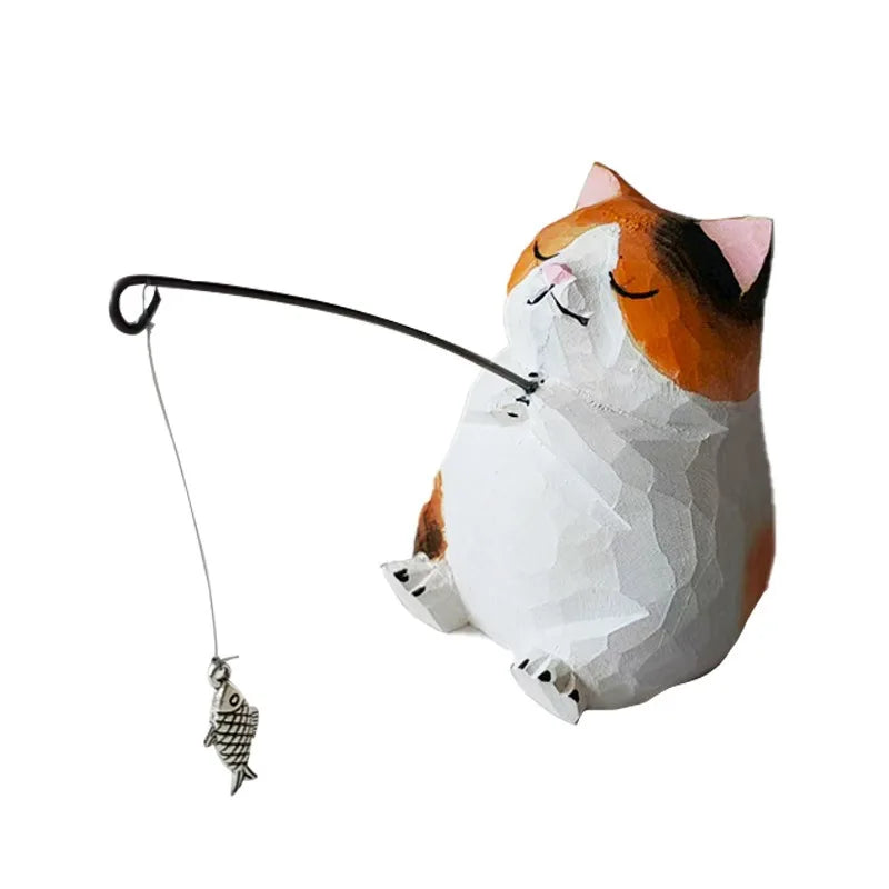 Cute Cartoon Desk Decoration Handmade Wood Cat Fishing Figurine Hand Carved Wooden Craft Adorable Animal Sculpture Creative Gift