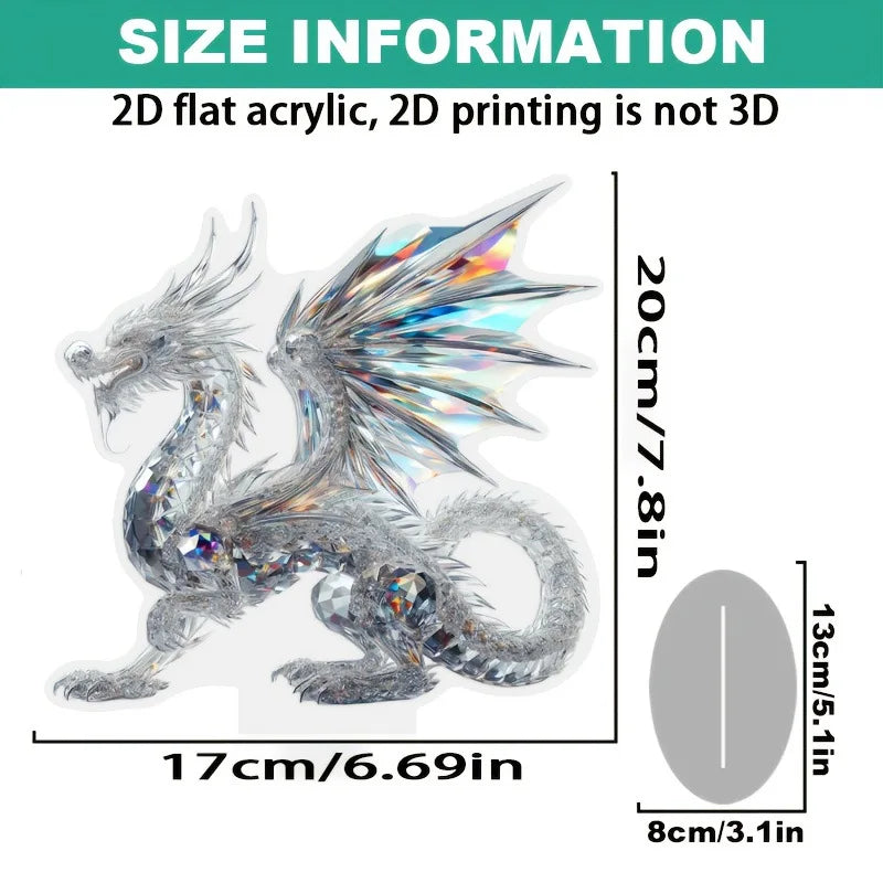 Acrylic White Crystal Dragon Statue 2D Flat Cool Figurine Home Office Cafe Room Studio Display Case Table Ornament Decor Gift