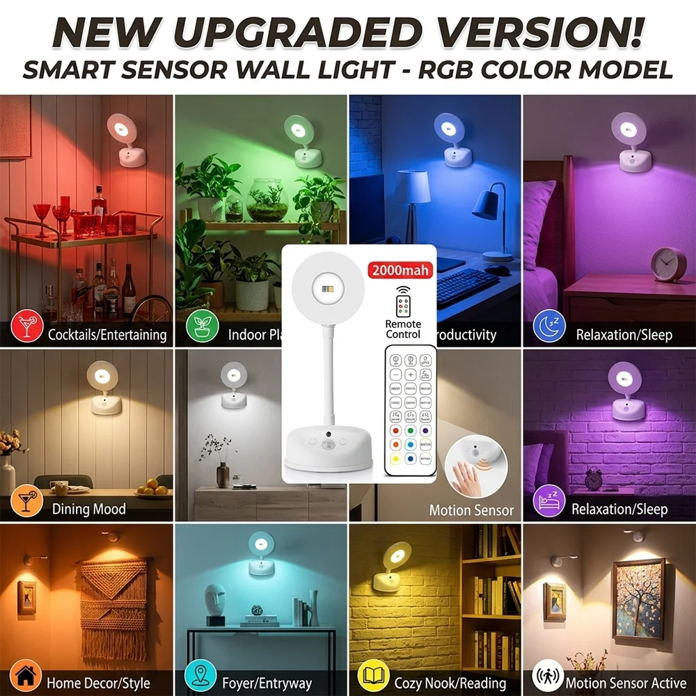 RGB LED Motion Sensor Wall Lamp Set 16 Colors Dimmable USB Rechargeable 2000mAh Intelligent Human Sensing Art Picture Light