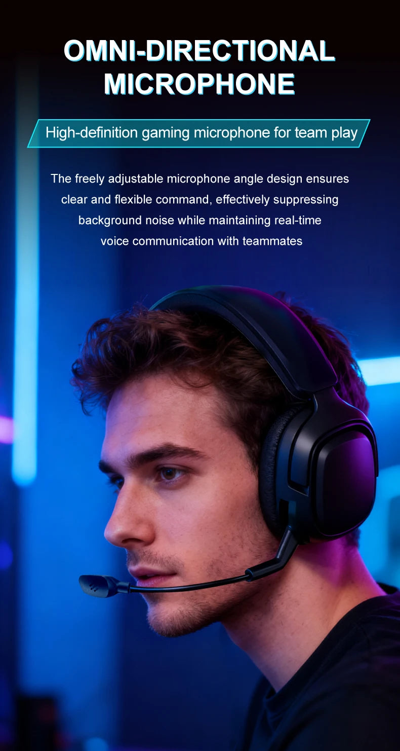GT808 gaming headset is an ergonomic over-ear wireless headset, equipped with a 360-degree rotatable microphone and breathable