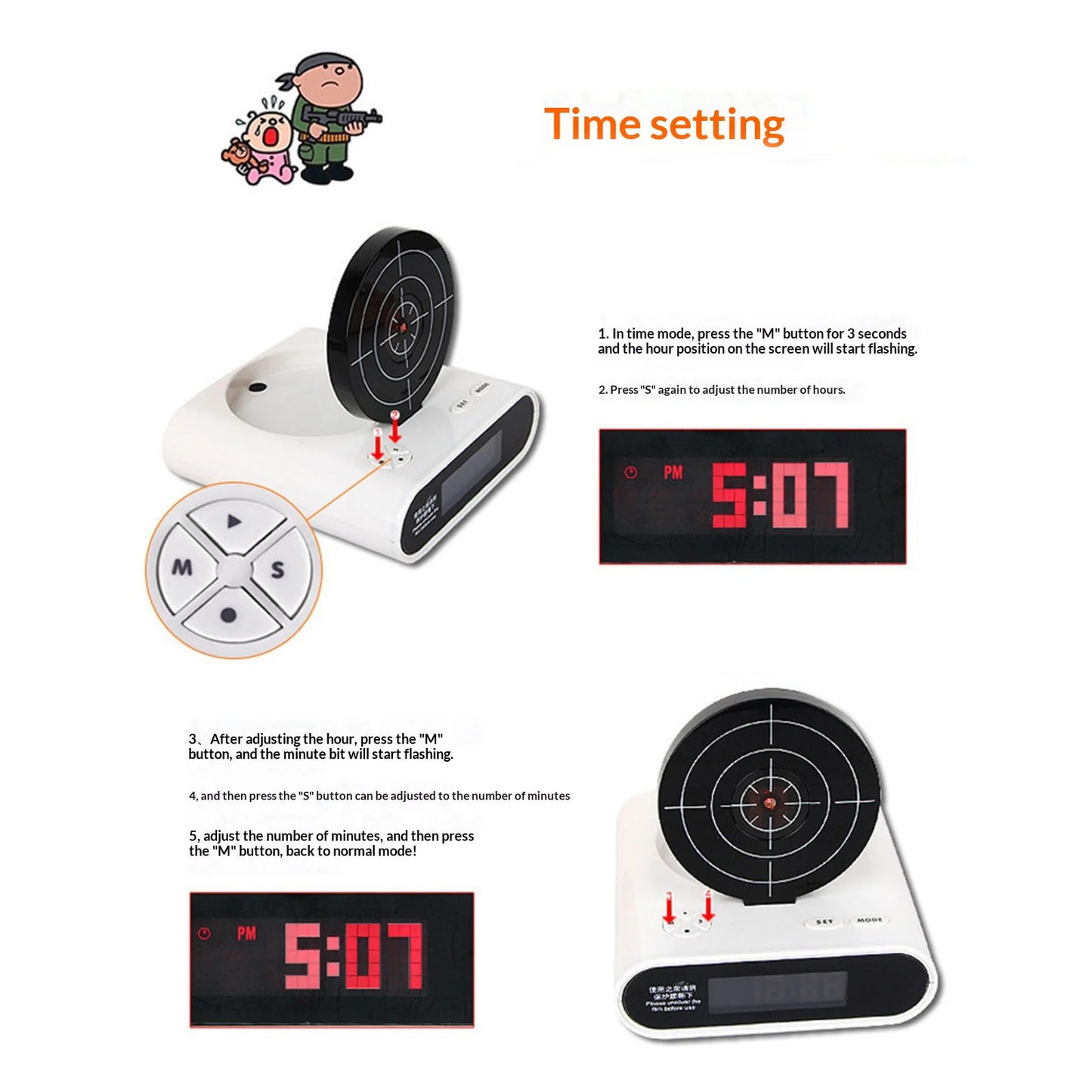 Target Shooting Alarm Clock – LED Display, 2 Alarm Modes, Infrared Gun