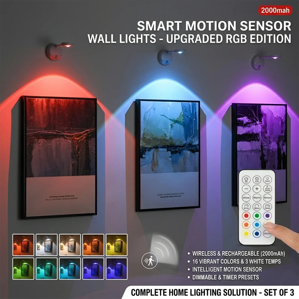 RGB LED Motion Sensor Wall Lamp Set 16 Colors Dimmable USB Rechargeable 2000mAh Intelligent Human Sensing Art Picture Light