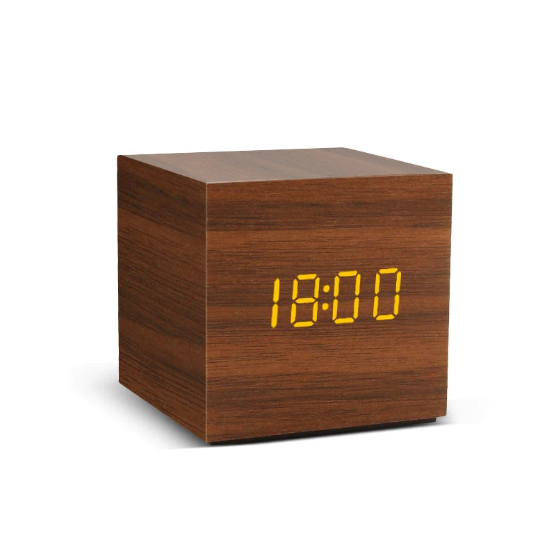 LED Digital Alarm Clock – Wood Finish, Voice Control, USB/Battery