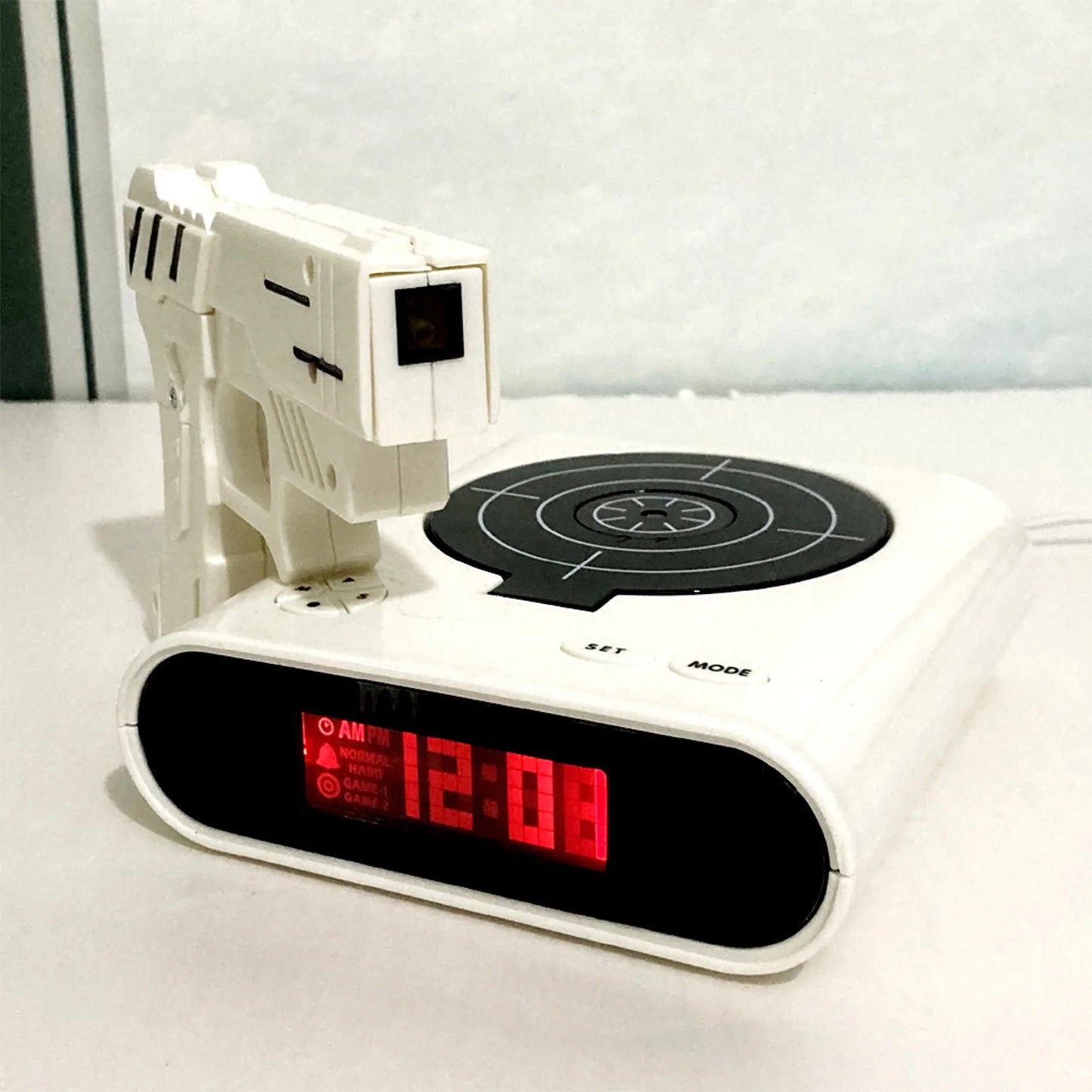 Target Shooting Alarm Clock – LED Display, 2 Alarm Modes, Infrared Gun