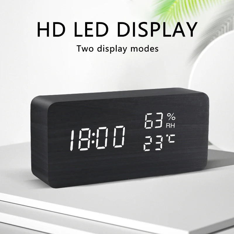 LED Digital Alarm Clock – Wood Finish, Voice Control, USB/Battery