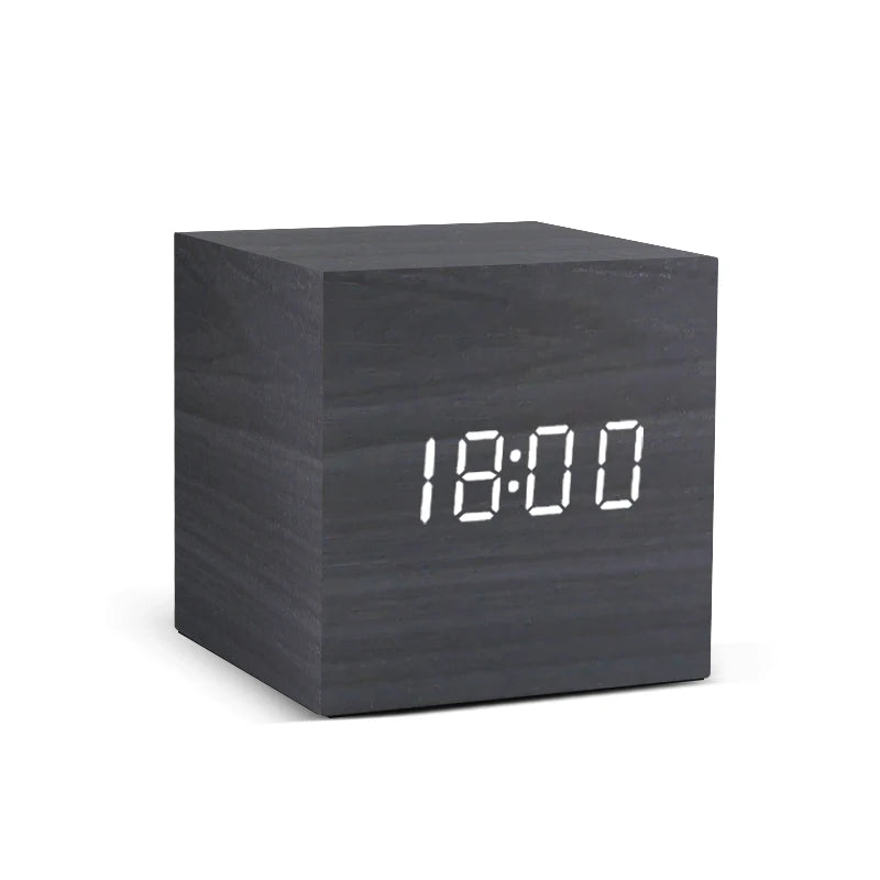 LED Digital Alarm Clock – Wood Finish, Voice Control, USB/Battery