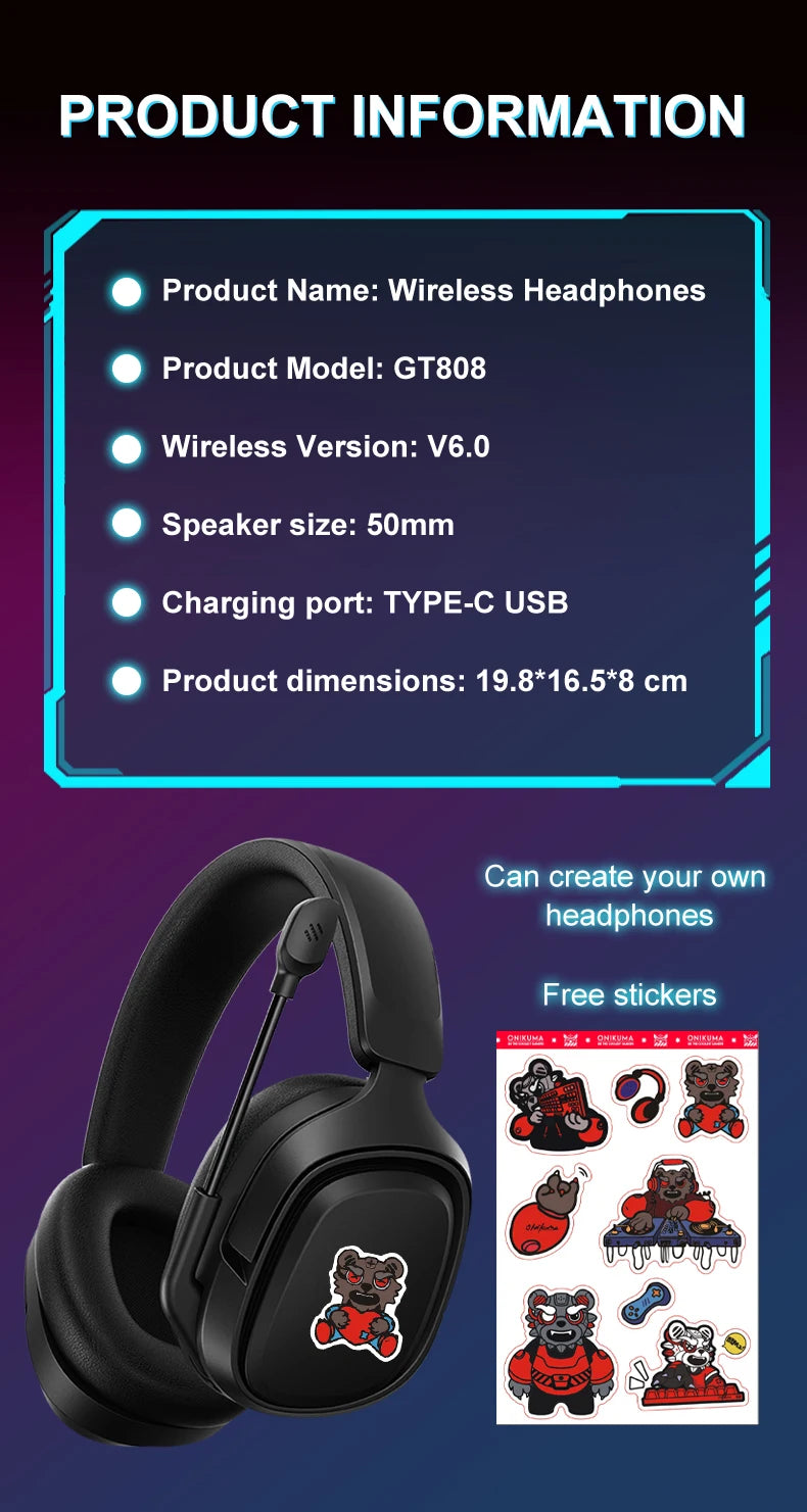 GT808 gaming headset is an ergonomic over-ear wireless headset, equipped with a 360-degree rotatable microphone and breathable