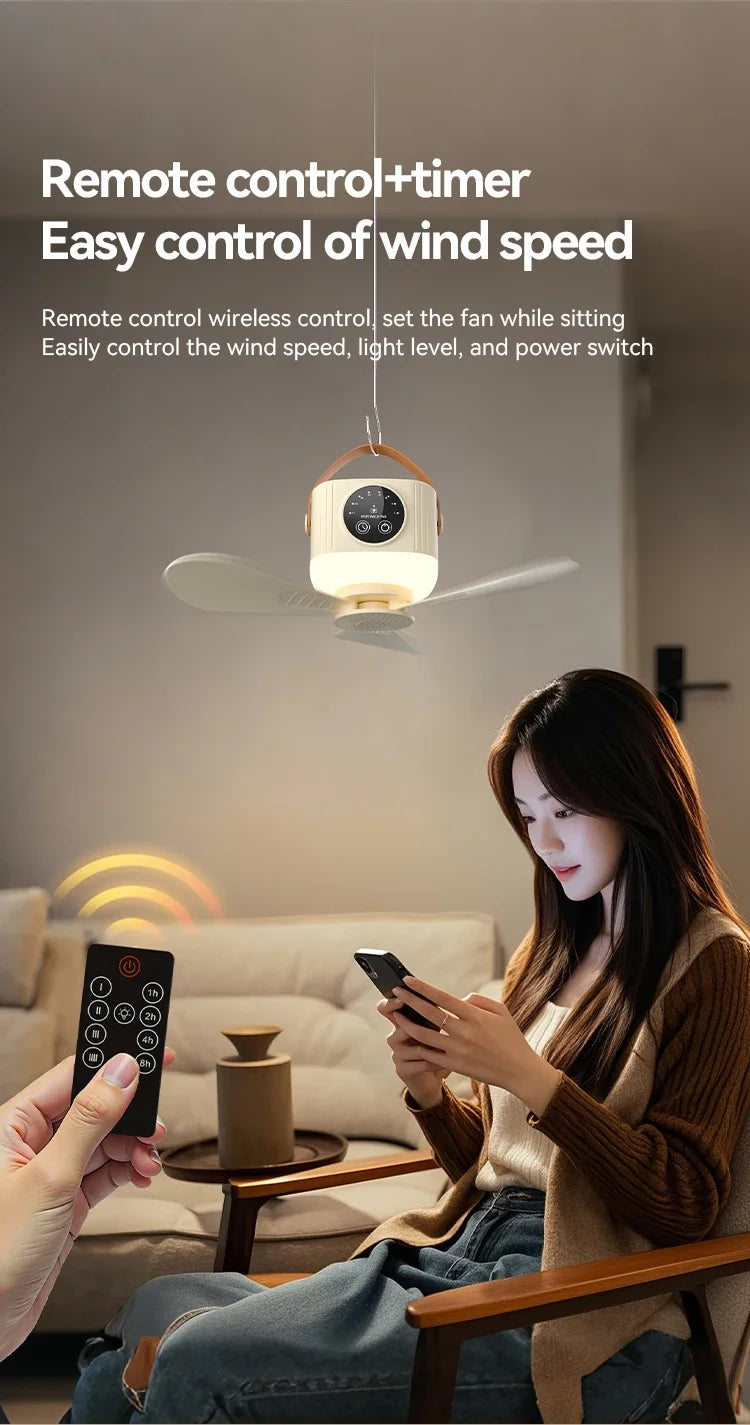 Portable Rechargeable Ceiling Fan – 4 Speeds, LED Light, Remote