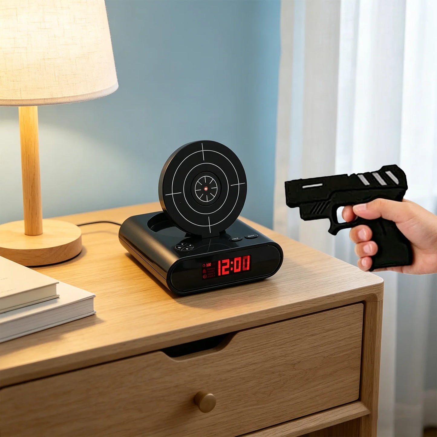 Target Shooting Alarm Clock – LED Display, 2 Alarm Modes, Infrared Gun