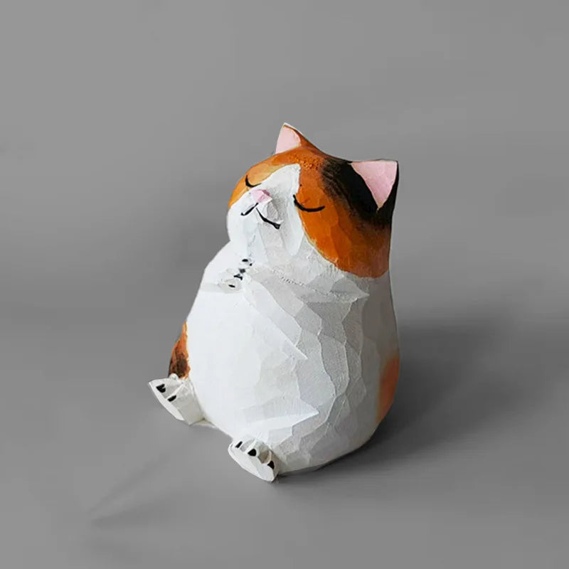 Cute Cartoon Desk Decoration Handmade Wood Cat Fishing Figurine Hand Carved Wooden Craft Adorable Animal Sculpture Creative Gift