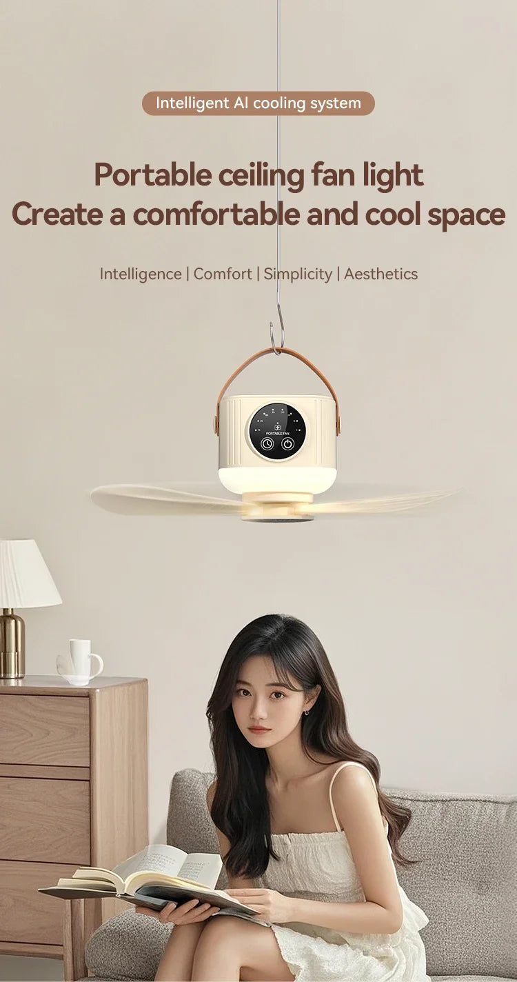 Portable Rechargeable Ceiling Fan – 4 Speeds, LED Light, Remote