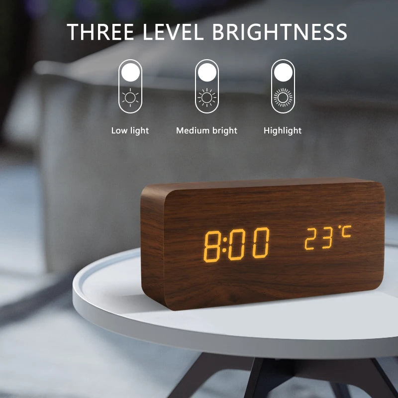 LED Digital Alarm Clock – Wood Finish, Voice Control, USB/Battery