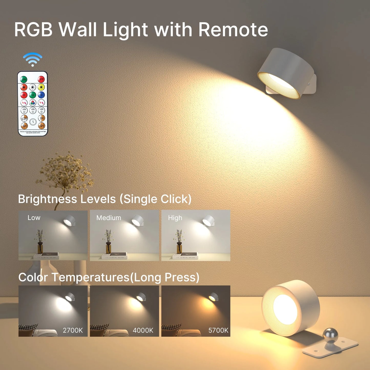 RGB LED Wall Sconce – Battery/USB, Touch Control, 360° Rotation