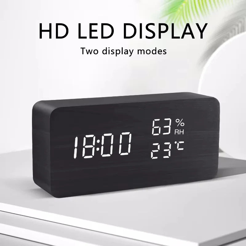 LED Digital Alarm Clock – Wood Finish, Voice Control, USB/Battery