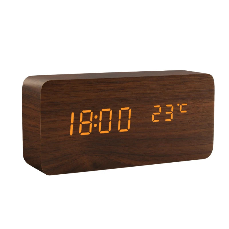 LED Digital Alarm Clock – Wood Finish, Voice Control, USB/Battery