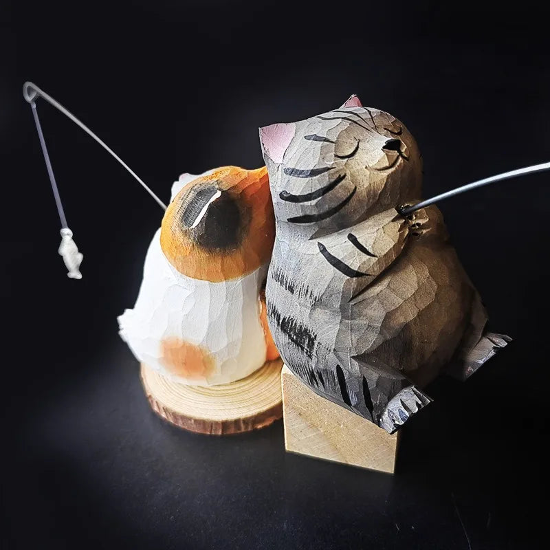 Cute Cartoon Desk Decoration Handmade Wood Cat Fishing Figurine Hand Carved Wooden Craft Adorable Animal Sculpture Creative Gift