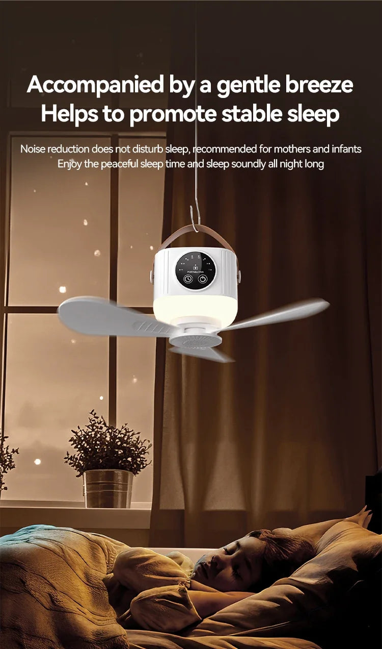 Portable Rechargeable Ceiling Fan – 4 Speeds, LED Light, Remote