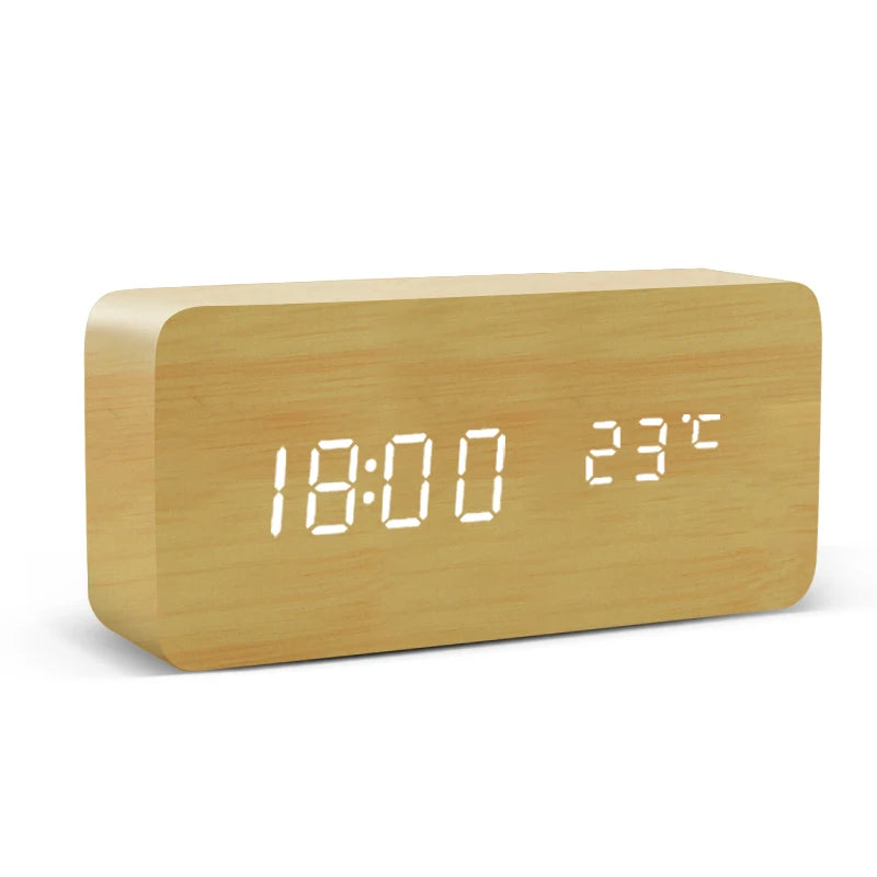 LED Digital Alarm Clock – Wood Finish, Voice Control, USB/Battery