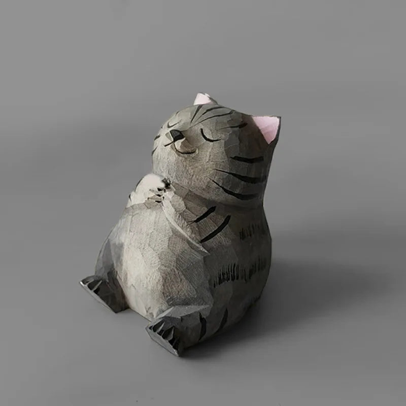 Cute Cartoon Desk Decoration Handmade Wood Cat Fishing Figurine Hand Carved Wooden Craft Adorable Animal Sculpture Creative Gift
