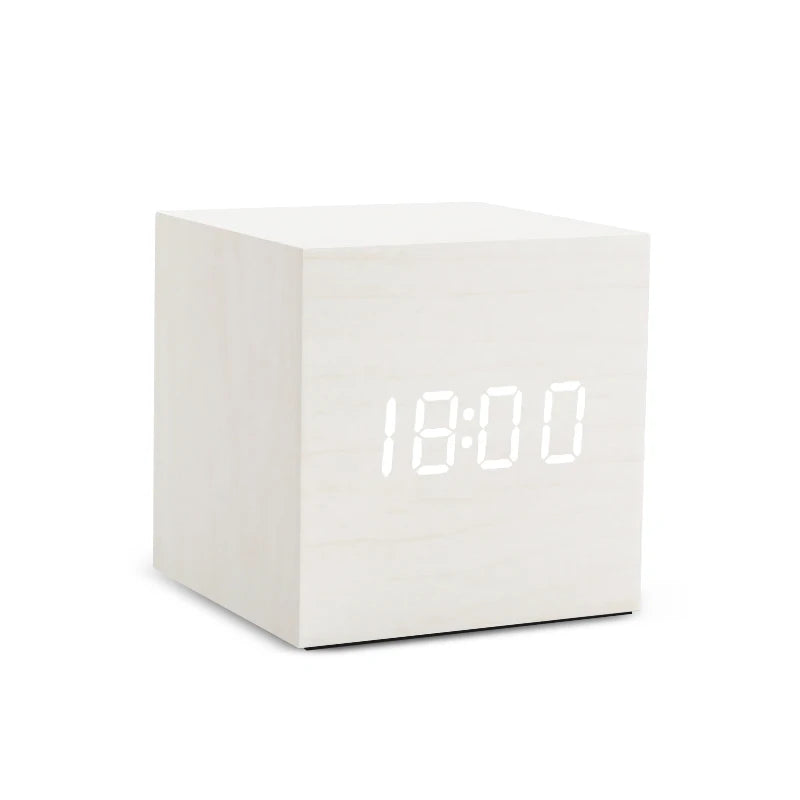 LED Digital Alarm Clock – Wood Finish, Voice Control, USB/Battery