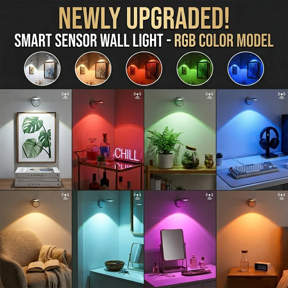 RGB LED Motion Sensor Wall Lamp Set 16 Colors Dimmable USB Rechargeable 2000mAh Intelligent Human Sensing Art Picture Light